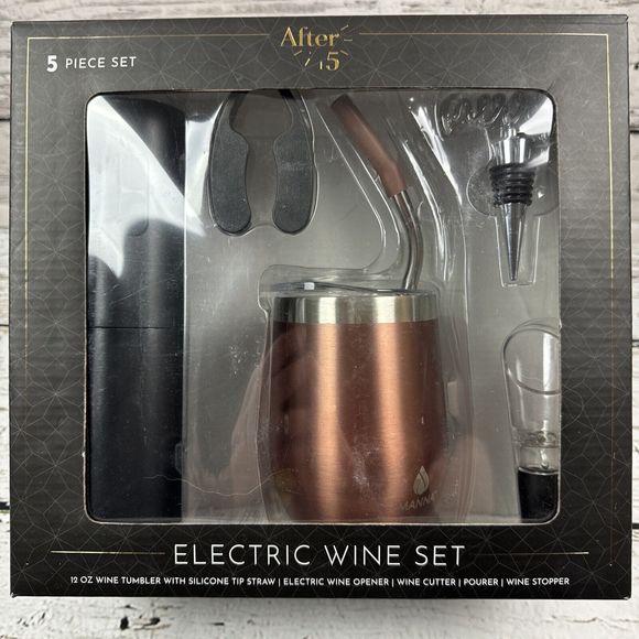 After 5 5 Pc Wine Set  w/ Tumbler, Electric Opener, Cutter, Pourer & Stopper NIB - Picture 1 of 10